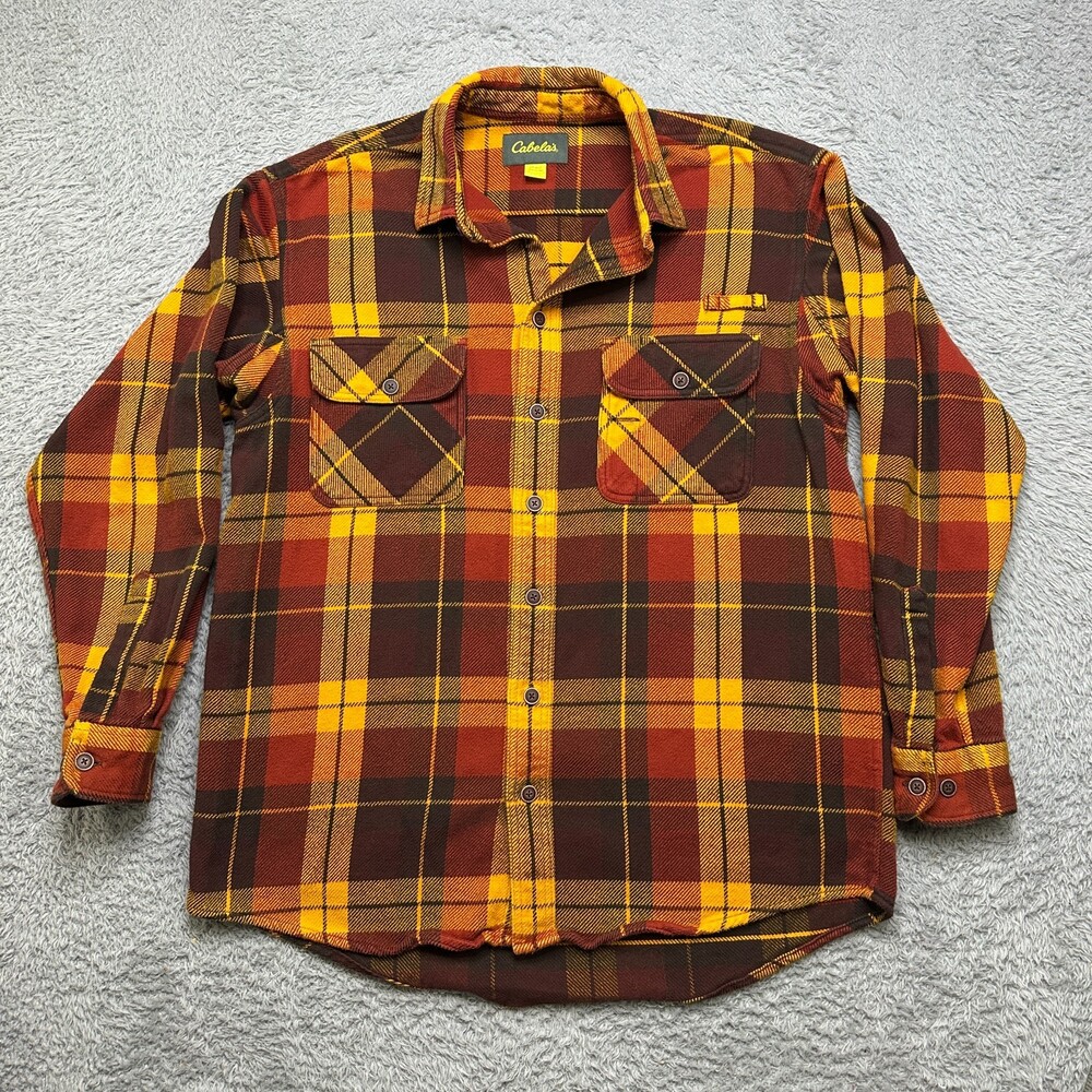 Cabelas Heavy Flannel Button Down Shirt Mens Large Tall Orange PlaidLong Sleeve